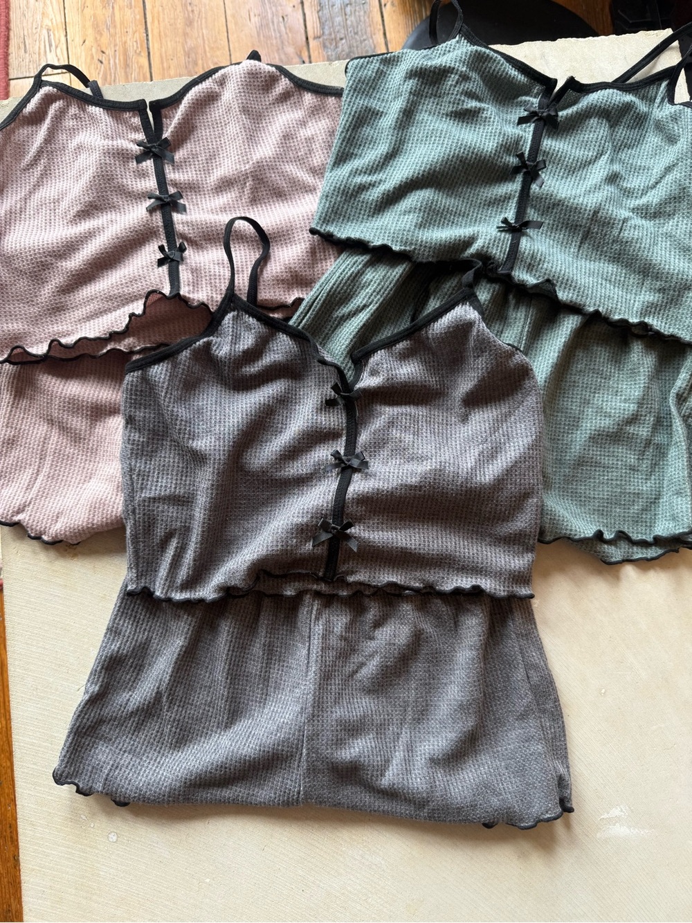 SHEIN Waffle Knit Cami Set in Gray, Pink & Green with Black Trim